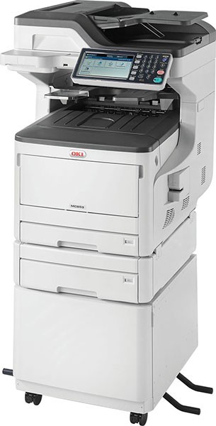 OKI MC853dnct OKI Farb Multifunktionsdrucker Fax Duplex Scan 4in1 incl. 2. Papierkassette Untergestell 36 Mon. Garantie
