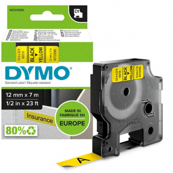 Dymo Schriftband D1 45018 S0720580, 12 mm schwarz auf gelb