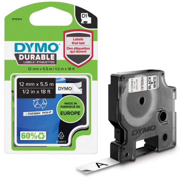 DYMO Schriftband D1 1978364, 12 mm schwarz auf weiß