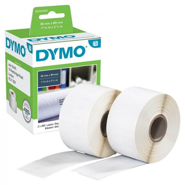 Dymo Etikettenrollen 2x 260 S0722400 für Etikettendrucker weiß 89mm x 36 mm
